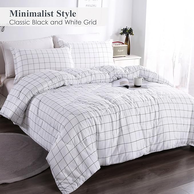 Andency White Grid Comforter Set Twin Size (66x90 Inch), 2 Pieces(1 Grid Comforter and 1 Pillowcase), Summer Lightweight Microfiber Down Alternative White Comforter with Black Lines for Kids Girls