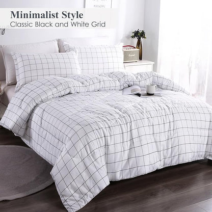 Andency White Grid Comforter Set Twin Size (66x90 Inch), 2 Pieces(1 Grid Comforter and 1 Pillowcase), Summer Lightweight Microfiber Down Alternative White Comforter with Black Lines for Kids Girls