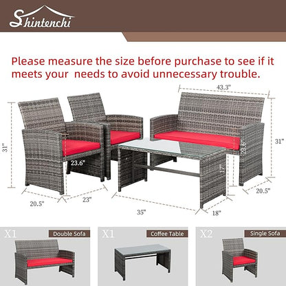 Shintenchi 4-Piece Outdoor Gray Wicker Patio Conversation Furniture Set, Rattan Patio Furniture Set with Weather Resistant Cushions and Tempered Glass Tabletop,Red