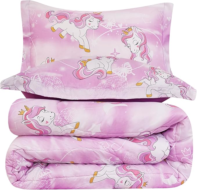 Unicorn Kids Comforter Set for Girls Full Size, Cute Reversible Quilted Lavender Printed Bedding Set with Pillow Sham, Lightweight Soft Breathable Machine Washable Bed Set 3 Piece