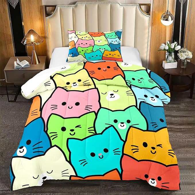 Cat Twin Comforter Set for Bedroom - 2Pcs Lovely Kitten Print Twin Bedding Set Cute Cat Patterns for Girls Boys Kids Warm Soft Breathable Cat Comforter with 1 Pillowcase for All Season, Twin Size