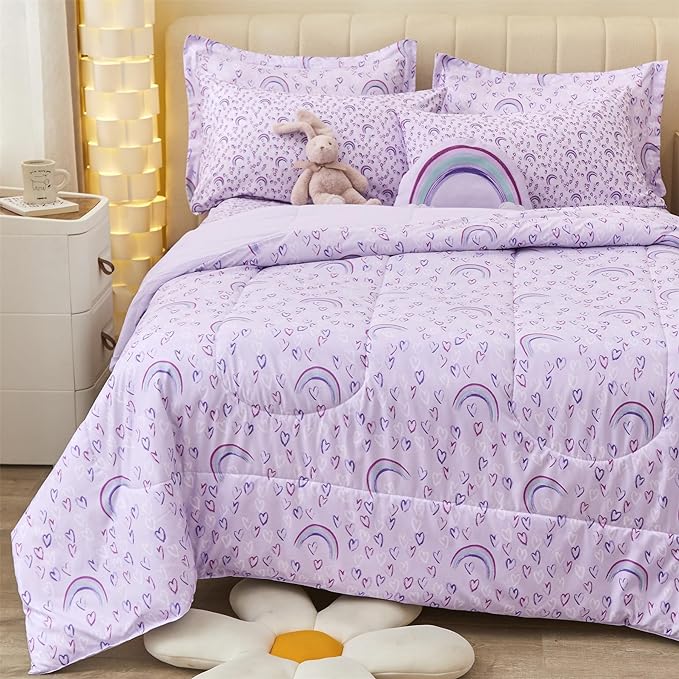 Mooreeke Twin Size Comforter Sets for Girls Kids, 6 Pieces Bed in a Bag Purple Love Rainbow Bedding Comforter Sheet Set with Shams and Decorative Toy Pillow, Ultral Soft Microfiber Kids Bed Set