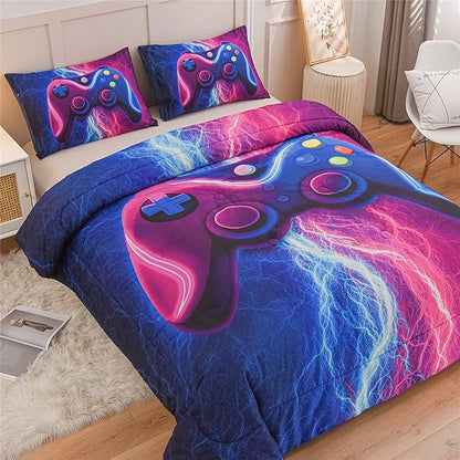 Meeting Story Gamer Gaming Bedding Sets Red Blue Lightnings Gamepad Comforter Set for Boys Games Console Action Buttons Novelty Colorful Modern Room Decor Home Quilt Set (Blue-Purple, Queen)