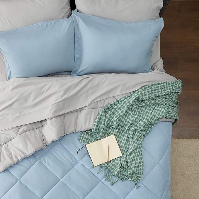 Bedsure Sky Blue Full Size Comforter Set - 7 Pieces Reversible Full Bed in a Bag Full Bed Set with Comforters, Sheets, Pillowcases & Shams, Full Bedding Sets