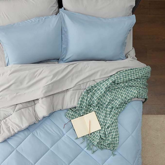 Bedsure Sky Blue King Size Comforter Set - 7 Pieces Reversible King Bed in a Bag King Bed Set with Comforters, Sheets, Pillowcases & Shams, King Bedding Sets
