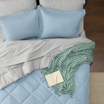 Bedsure Sky Blue King Size Comforter Set - 7 Pieces Reversible King Bed in a Bag King Bed Set with Comforters, Sheets, Pillowcases & Shams, King Bedding Sets
