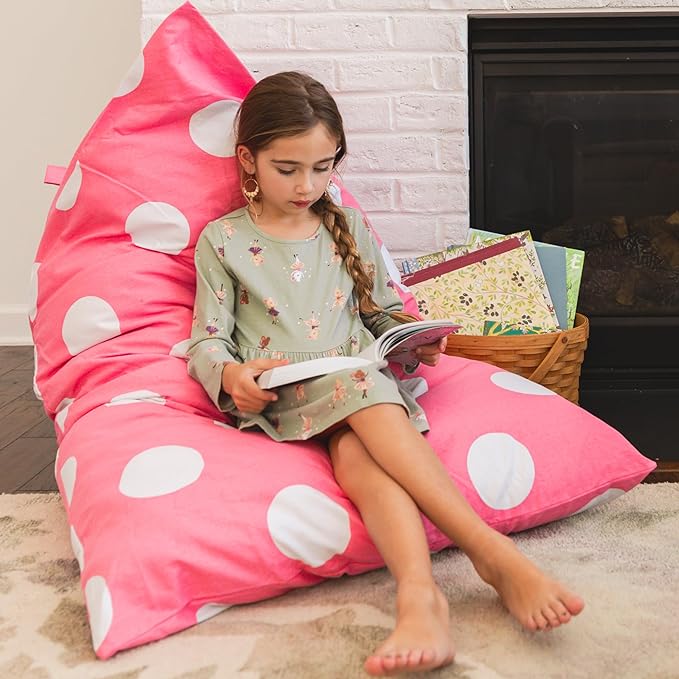 Butterfly Craze Bean Bag Chair Cover, Functional Toddler Toy Organizer, Fill with Stuffed Animals to Create a Jumbo, Comfy Floor Lounger for Boys or Girls, Stuffing Not Included, Pink Polka Dots