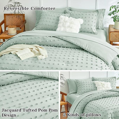 7 Pieces Tufted Dots Bed in a Bag Queen Comforter Set with Sheets Green , Soft and Embroidery Shabby Chic Boho Comforters, Solid Color with Pom Pom Design, Jacquard Tufts Bedding Set for All Season
