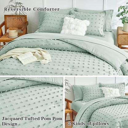 6 Pieces Tufted Dots Bed in a Bag Twin Comforter Set with Sheets Green , Soft and Embroidery Shabby Chic Boho Bohemian Comforters, Solid Color with Pom Pom Design, Jacquard Tufts Bedding Set for Kids