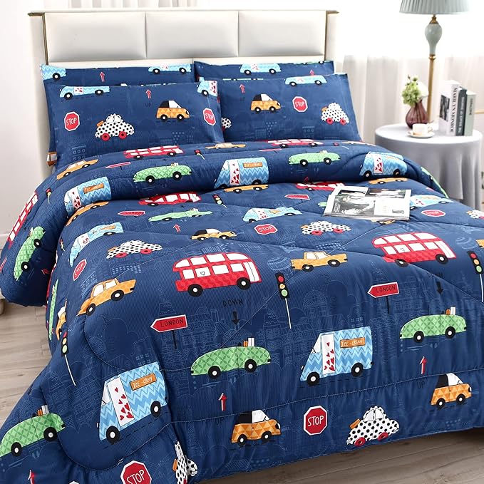 MAG 3Pcs Cartoon Car Comforter Set, Blue Cute Base Full Bedding Comforter Set,for Toddlers Kids,Boys Teens and Girls,Super Soft Microfiber, Full Size