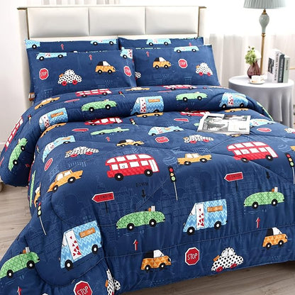 MAG 3Pcs Cartoon Car Bedding Comforter Set, Blue Cute Base Full/Queen Comforter Set,for Toddlers Kids,Boys Teens and Girls,Super Soft Microfiber, Full/Queen Size