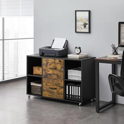 Yaheetech Filing Cabinet Lateral File Cabinet with 2 Drawer and 4 Open Compartments for Letter Size A4 Size, Printer Stand for Home Office, Black/Rustic Brown