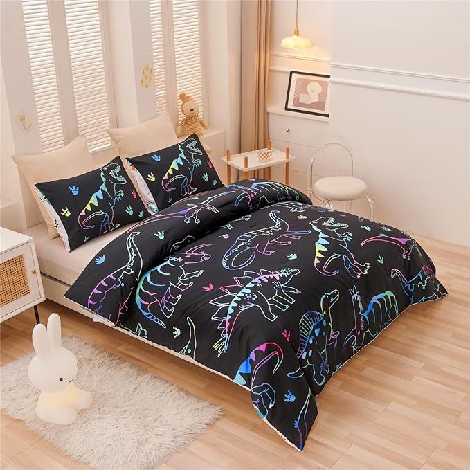 Meeting Story Dinosaur Comforter Set,Fluorescence Dinosaur Colorful Pattern Twin Comforter Set, 3 PCS 1 Comforter and 2 Pillowcases in One Bag, All Season Bedspread for Kids Teens Adults(Full)