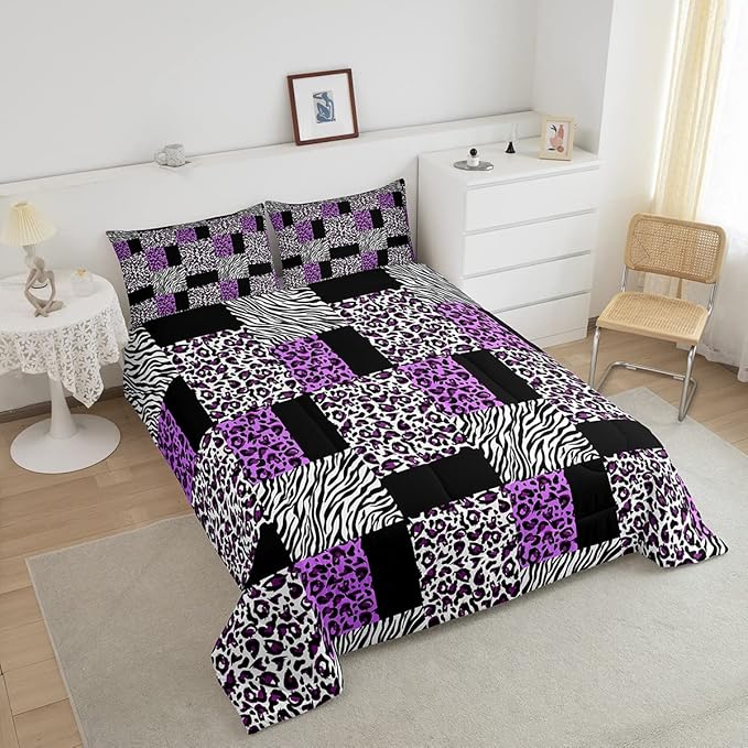 Erosebridal Girls Leopard Full Size Bedding Set Patchwork Black Purple Cheetah Print Comforter Set Women Black White Zebra Comforter Kids Wildlife Animal Bedding Quilt Soft Lightweight 2 Pillowcases
