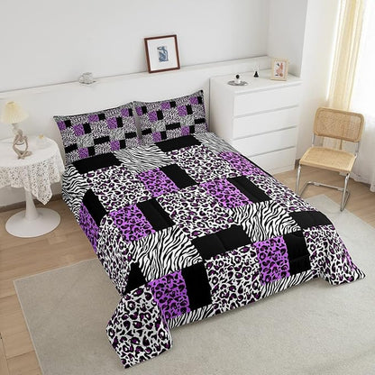 Erosebridal Purple Leopard Bedding Set Patchwork Cheetah Print Comforter Sets King Size for Girls Teens Adults Women Bedroom Black Zebra Pattern Duvet Sets Animal Skin Down Comforter 2 Piece