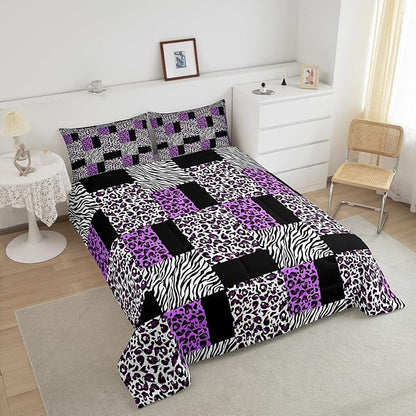 Erosebridal Twin Size Cheetah Bedding Sets for Girls,Patchwork Zebra Leopard Black Purple Comforter Set for Kids Women,Black White Stripes Checkered Quilt Comforter Wild Animal Bedroom Decor 2 Pcs