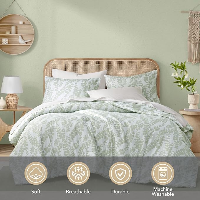 Codi Sage Green Comforter Set King Size, Floral Bedding Sets for Women | Nature Botanical Style, Unique Reversible Design, Better for Spring and Summer | Leaf Print 3 Pieces