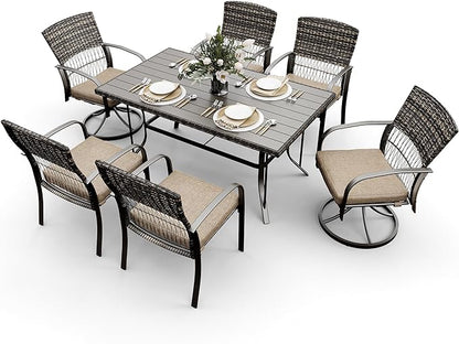 Pamapic 7 Piece Patio Dining Set for 6,Wicker Outdoor Furniture Set for Backyard Garden Deck Poolside with Iron Slats Table Top,4 Dining Chairs and 2 Swivel Rockers,Removable Cushions(Beige)