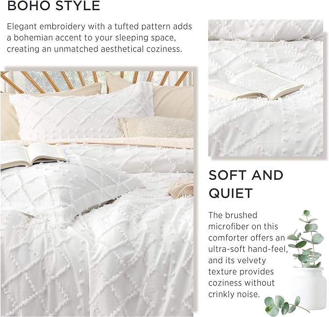 Bedsure Oversized King Comforter - White Comforter Set, Boho Tufted Shabby Chic Bedding Comforter Set, 3 Pieces Farmhouse Bed Set for All Seasons, Fluffy Soft Bedding Set with 2 Pillow Shams
