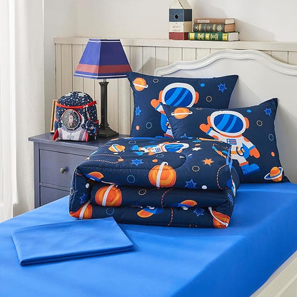 Space Navy Twin XL Comforter Sets for Boys Girls Kids Teen 5 Pieces Bed in a Bag Galaxy Astronaut Comforter with Sheet Sets Dorm Bedding Set