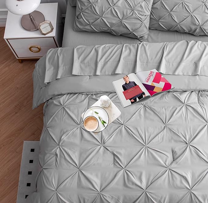 Lane Linen Full Size Comforter Sets, 7 Piece Bed in a Bag Full Size, Soft Full Size Bed Set, Pintuck Bedding Comforter Sets Full Size, Full Size Comforter Set with Sheets, Pillowcases & Shams - Silver