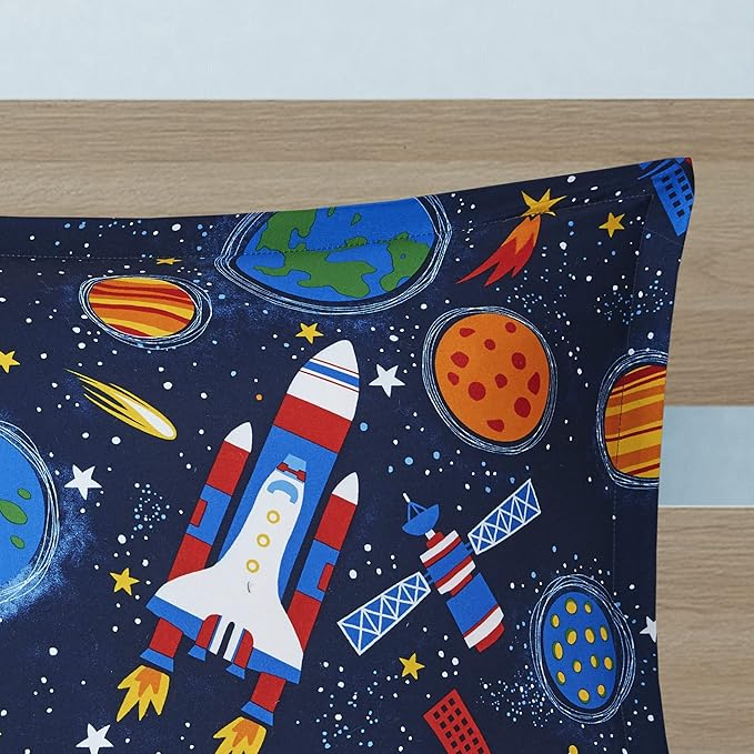 Mi Zone Kids Jason Cozy Comforter Outer Space Rocket Ships, Astronauts Print, All Season Cover, Hypoallergenic Bedding Set, Matching Sham, Decorative Pillow, Twin(66" Wx86 L), Multi 3 Piece
