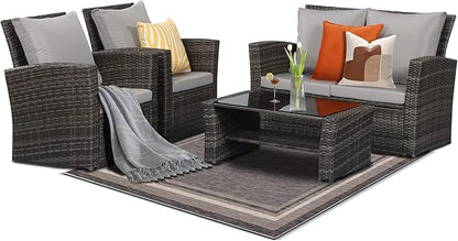 Solaste 4 Piece Patio Outdoor Furniture Sets,Patio Conversation Sofa Wicker Chair with Cushion,Hand Woven Rattan Sofa for Porch Backyard Outside Garden Lawn Yard,Grey