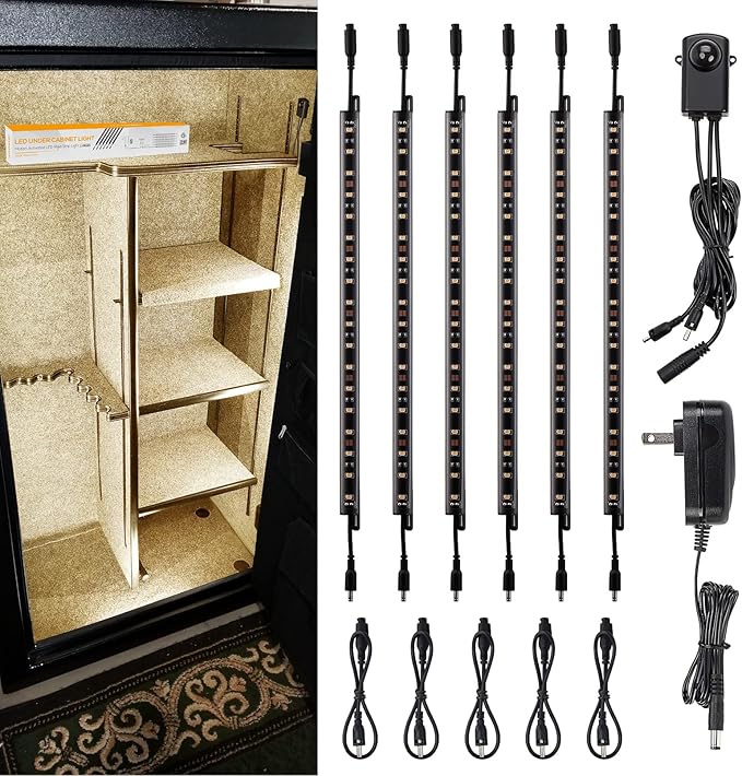 TORCHSTAR LED Safe Lighting Kit, (6) 12 Inch Linkable Light Bars + Motion Sensor + UL Power Adapter, 900LM, Input 100-240V, for Under Cabinet Gun Safe Locker Closet Showcase, 3000K Warm White