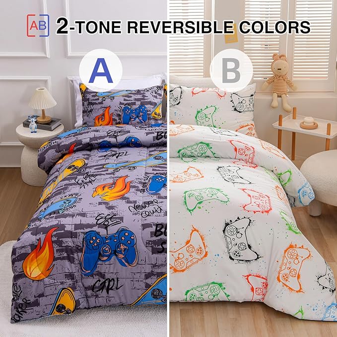 Btargot Gaming Stone Pattern Comforter Set for Boys Girls Kids, 3 Pieces Reversible Skateboard Game Console Flame Painting Bedding Set, Grey Twin