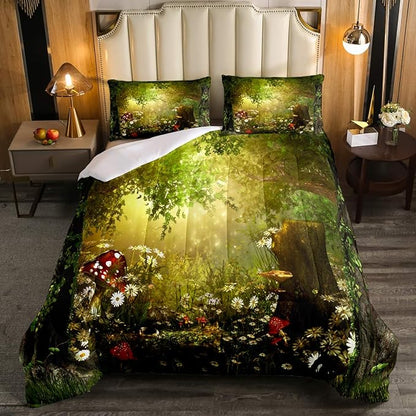 Erosebridal Magical Comforter Set Queen Size Mushroom Bedding Set Daisy Leaves Branches Sunset Nature Duvet Set Cute Style Quilted Duvet Home Room Decorative