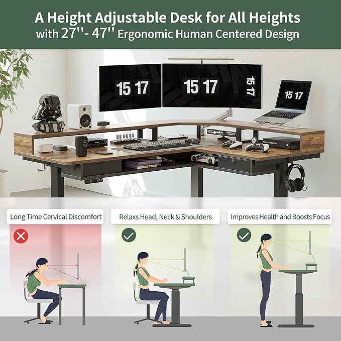 FEZIBO 63" L Shaped Standing Desk with LED Strip, Electric Triple Motor Sit Stand up Corner Desk Height Adjustable with Monitor Stand & Shelves, 2 Drawers, Ergonomic Home Office Desk, Rustic Brown