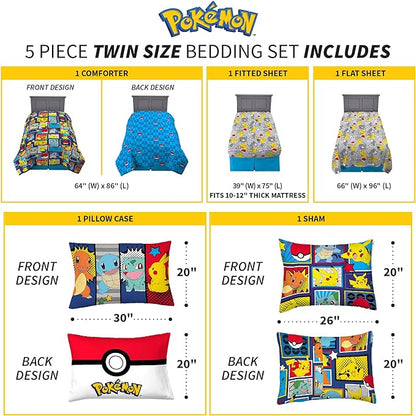 Franco Kids Bedding Super Soft Comforter and Sheet Set with Sham, 5 Piece Twin Size, Pokemon