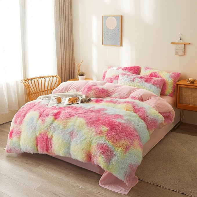 FOPPA Rainbow Plush Comforter Cover Set, 3 Pieces (Queen, Tie-Dye), Ultra Soft Faux Fur Bedding