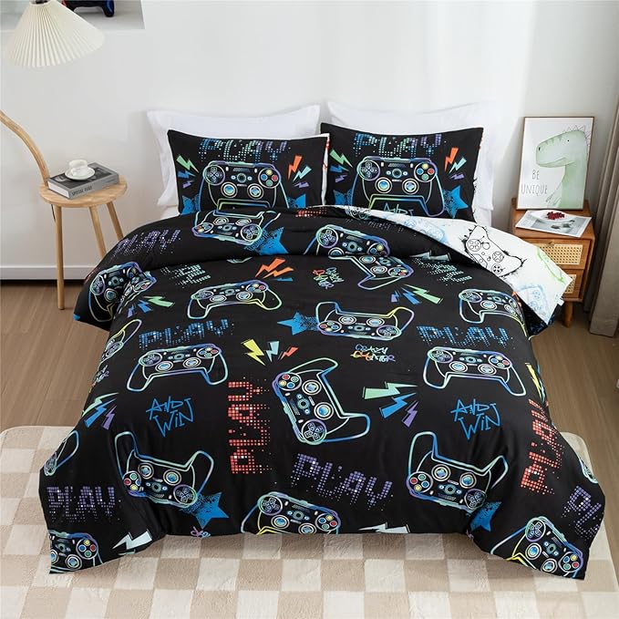Meeting Story Gamer Gaming Bedding Sets Fluorescence Gamepad Comforter Set for Boys Games Console Action Buttons Novelty Colorful Modern Room Decor Home Quilt Set (Black, Full)