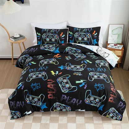 Meeting Story Gamer Gaming Bedding Sets Fluorescence Gamepad Comforter Set for Boys Games Console Action Buttons Novelty Colorful Modern Room Decor Home Quilt Set (Black, Full)