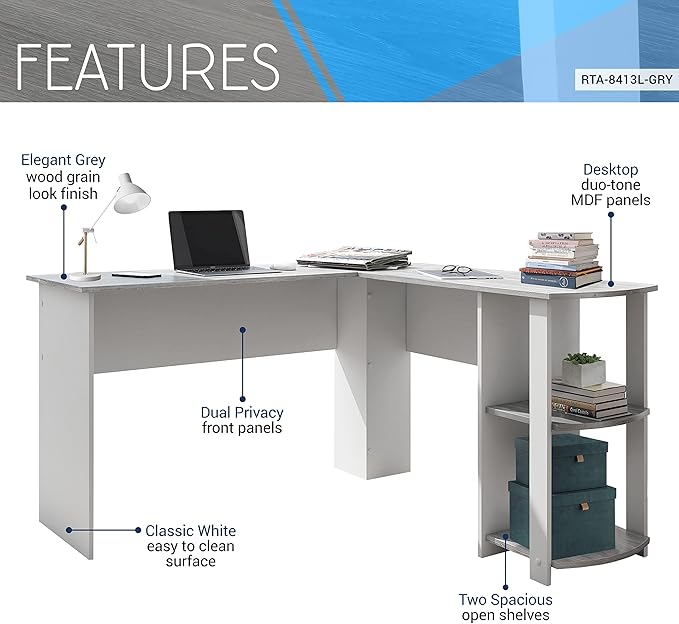 Techni Mobili L Shaped Desk - Modern Computer Desk with Corner Bookshelf & Side Storage Shelves for Home Office Accessories - Elegant, Space-Saving, & Minimalist Executive Table