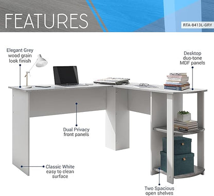 Techni Mobili L Shaped Desk - Modern Computer Desk with Corner Bookshelf & Side Storage Shelves for Home Office Accessories - Elegant, Space-Saving, & Minimalist Executive Table