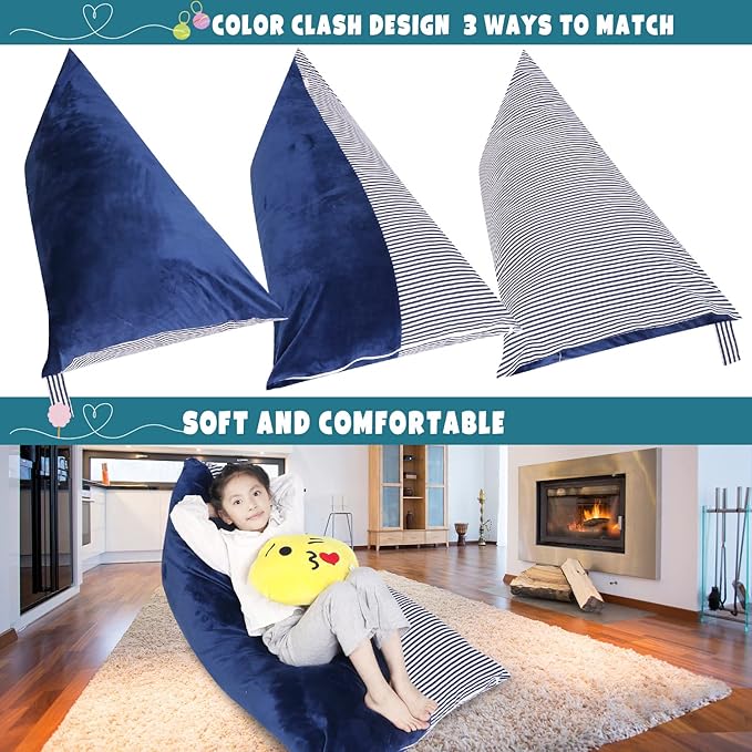 Stuffed Animal Storage Bean Bag Chair Cover, Velvet Canvas Blue Denim Plush Toy Storage Stuff and Sit Seat for Kids/Teens/Adults, 52" x 31" Extra Large Triangle Sofa, 200L/52Gal, Cover Only