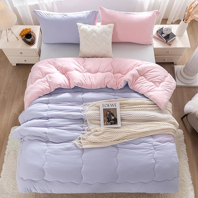 COTTEBED Reversible Ultra-Soft Warm King Size Comforter Set, California Cal King Down Comforter Cozy Fully Breathable Bedding 1 Down Alternative Quilt and 2 Pillowsham Winter Pink and Purple
