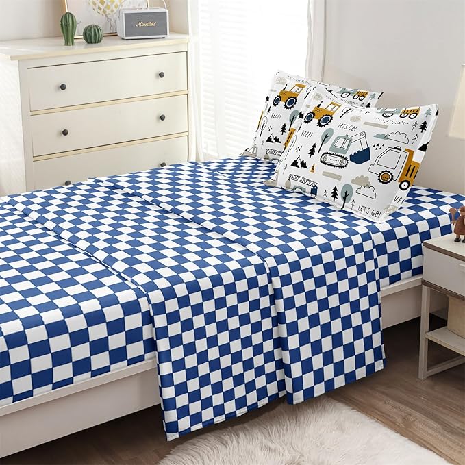 4-Pcs Construction Twin Size Boys Bedding Set, Kids Comforter Set for Teens w/Sheets and Pillowcase, Soft Cartoon Tractor Cars Bed in a Bag Sets
