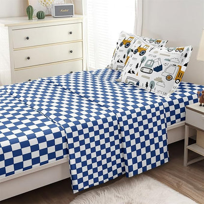 5-Pcs Construction Full Size Boys Bedding Set, Kids Comforter Set for Teens w/Sheets and Pillowcase, Soft Cartoon Tractor Cars Bed in a Bag Sets