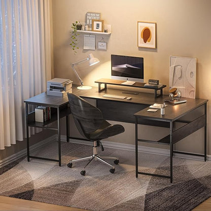 79” U Shaped Desk with Power Outlets, Reversible L Shaped Gaming Desk with Storage Shelves, Large Corner Computer Desk with Monitor Stand, 2 Person Desk for Home Office, Grey Black