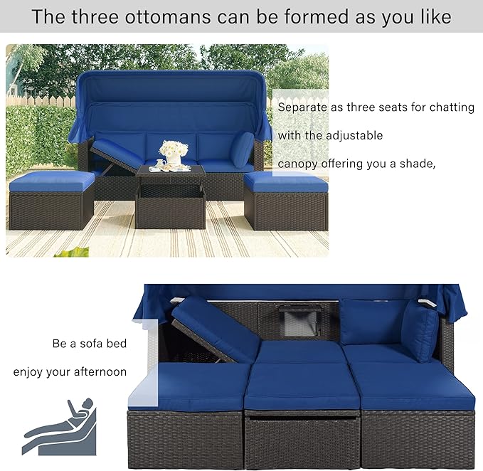 Patio Rectangle Daybed with Retractable Canopy and Lift Up Side Table, PE Rattan Wicker Outdoor Furniture Sectional Sofa Set Sunbed w/Ottoman for Garden, Onesize, Grey Rattan&Blue Cushions