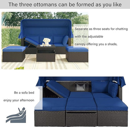 Patio Rectangle Daybed with Retractable Canopy and Lift Up Side Table, PE Rattan Wicker Outdoor Furniture Sectional Sofa Set Sunbed w/Ottoman for Garden, Onesize, Grey Rattan&Blue Cushions