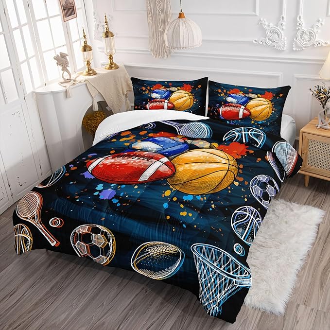 Axolotl Ball Game Bedding Set Twin,Basketball Comforter Set Sports Bedding,Volleyball Comforter Set Soccer Bedding,Football Comforter Colorful Grunge Style for Kids Boys Teens,1 Quilt 2 Pillowcases