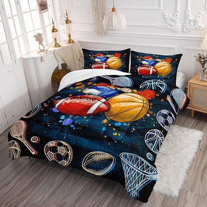 Axolotl Ball Game Bedding Set Twin,Basketball Comforter Set Sports Bedding,Volleyball Comforter Set Soccer Bedding,Football Comforter Colorful Grunge Style for Kids Boys Teens,1 Quilt 2 Pillowcases