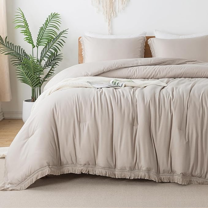 Andency Oatmeal Comforter Set Full Size, 3 Pieces Boho Tassel Lightweight Bedding Comforter Sets, All Season Soft Fluffy Fringe Bed Set (79x90In Comforter & 2 Pillowcases)