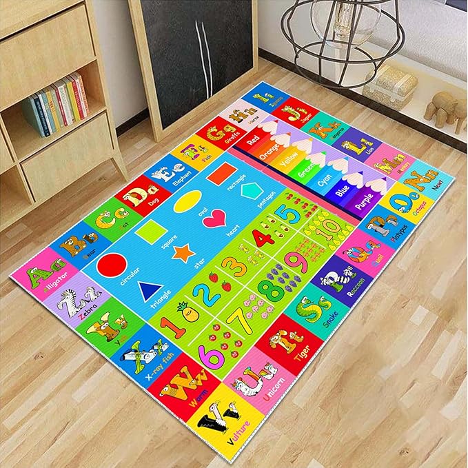 Kids Alphabet Play Game Rug - 3' 3" x 5' 3" ABC Numbers and Shapes Educational Learning Toddler Carpet - Kids Room Playroom Classroom Kindergarten Activity Fun Soft Non-Slip Mat