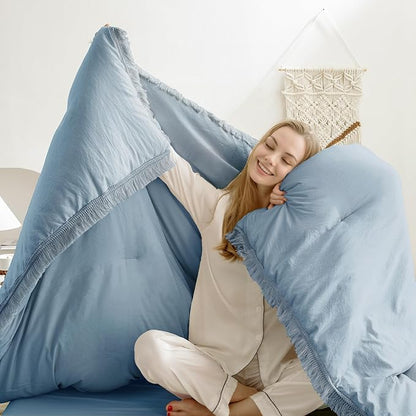 Andency Grayish Blue Comforter Set Twin Size, 2 Pieces Boho Tassel Lightweight Bedding Comforter Sets, All Season Soft Fluffy Fringe Bed Set (66x90In Comforter & 1 Pillowcase)