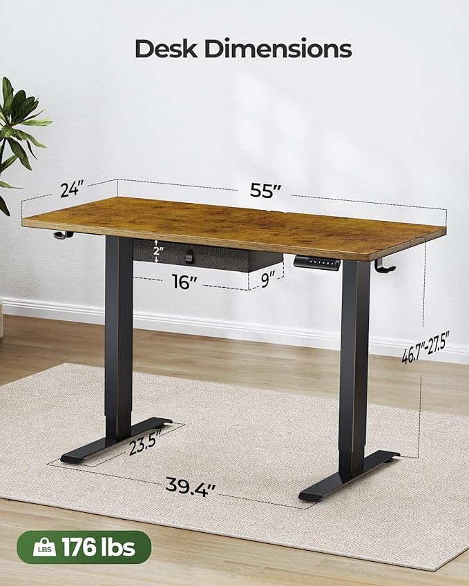 Marsail Standing Desk with Drawer, 55x24 Inch Adjustable Height Standing Desk, Electric Stand up Desk, Sit Stand Home Office Desk, Ergonomic Workstation for Home Office Computer Gaming Desk Rustic
